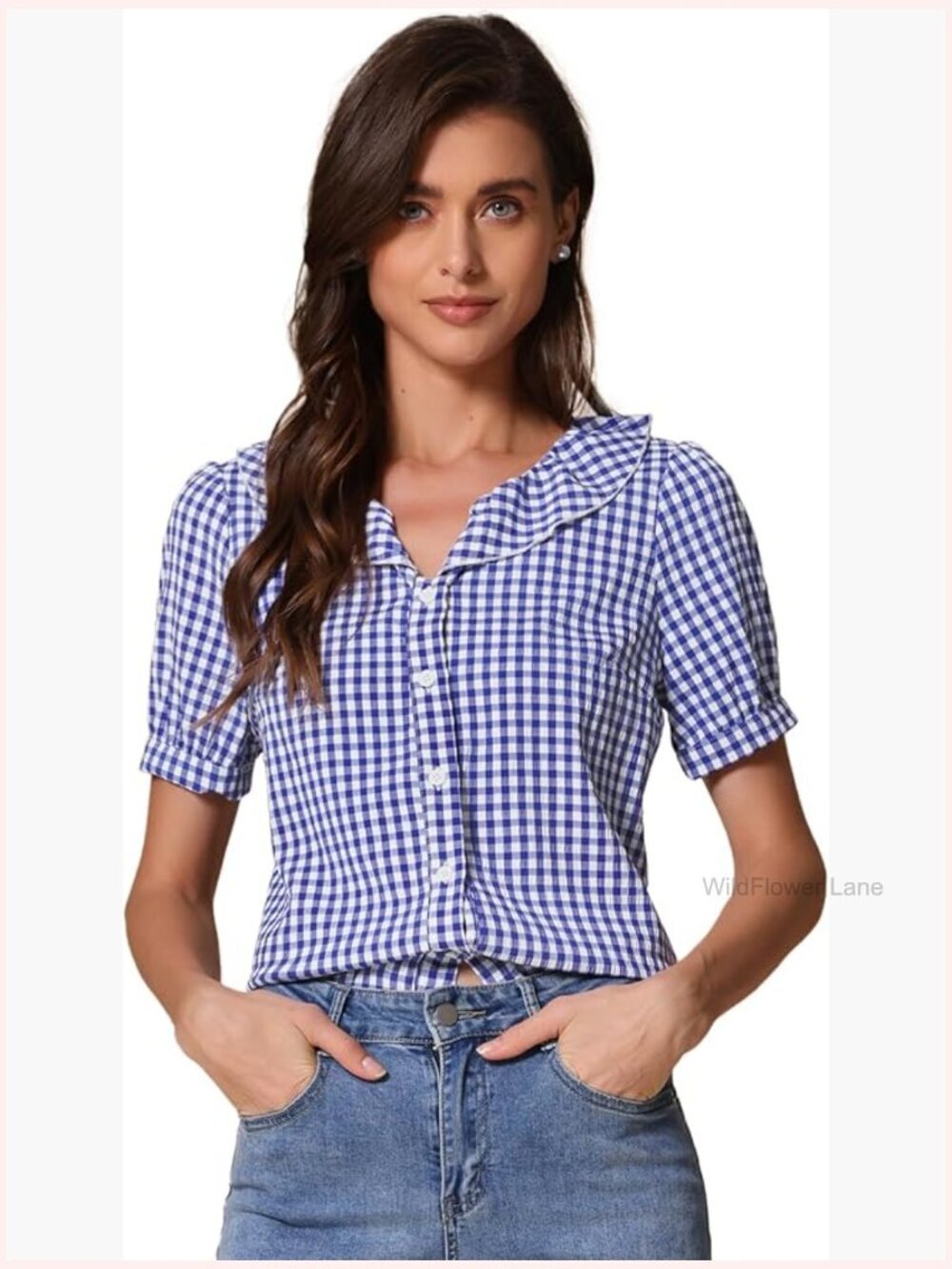 Plaid Puff Sleeve Peter Pan Collar Blouse Top